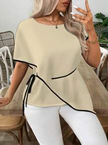 SHEIN LUNE 大码时尚不对称拼接设计收腰隐肚撞色边休闲垂坠衬衫