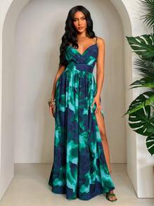 SHEIN SXY 春夏装波西米亚风度假优雅休闲西装音乐节女士绿色扎染印花吊带雪纺超高腰褶皱摆长裙 - 綠色 - 查看 5