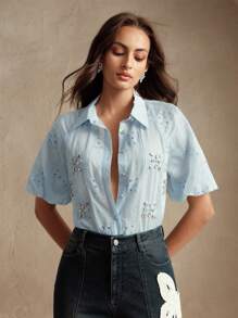 Anewsta Women's Elegant Embroidered Hollow Puff Sleeve Short Sleeve Handmade Rhinestone Lapel Blouse, Festival, Going Out, Vacation , Women Spring Summer - Baby Blue - View 4