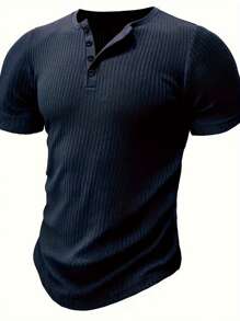 Manfinity Homme Men's Solid Color Button Half Placket Short Sleeve Henley T-Shirt - Navy Blue - View 5