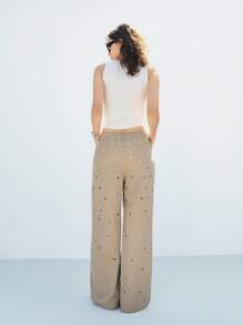 LYSMO Women's Loose Fit Wide Leg Eyelet Twill Pants