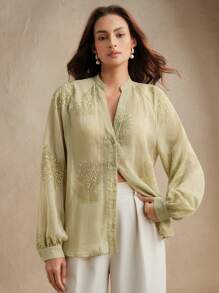 Anewsta Áo cánh dài tay cổ chữ V thêu hoa và đính sequin thanh lịch dành cho nữ, phù hợp để đi làm - màu xanh lá - Xem 5