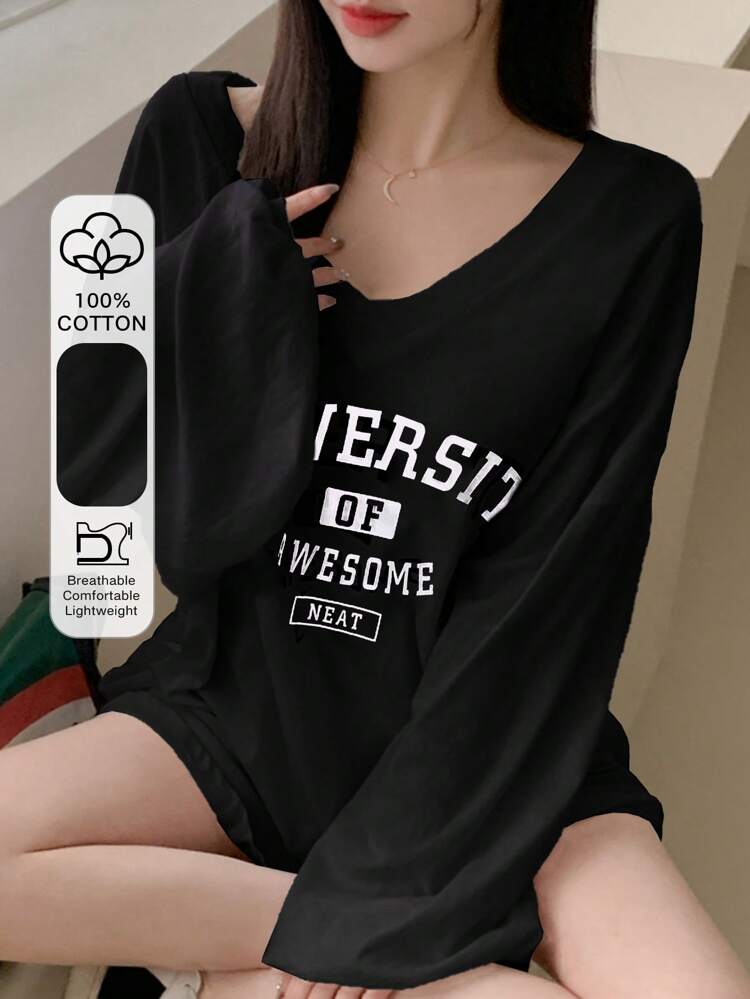 Women Spring/Summer Loose-Fit V-Neck Drop-Shoulder Long Sleeve T-Shirt With Slogan Print,Graphic Tees