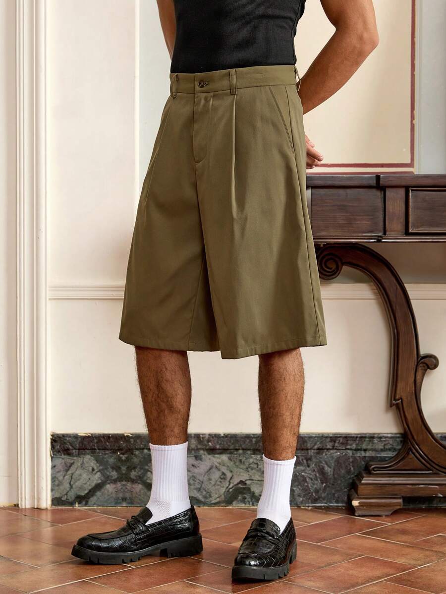 SWAVVY Pantalones cortos verdes anchos de verano con diseño plisado y bordado de unicolor para hombre, para el verano y la escuela