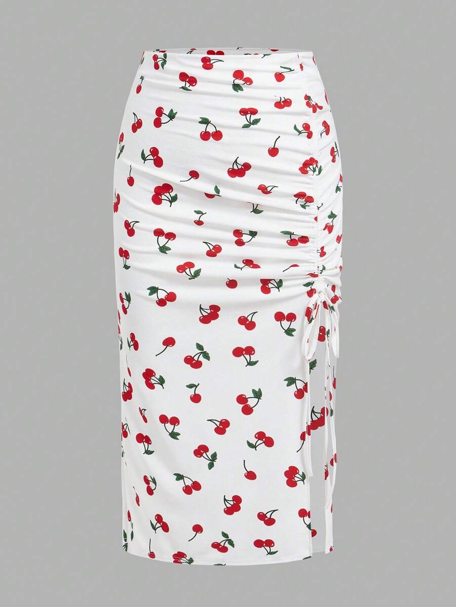 SHEIN EZwear 大码女式樱桃图案侧抽绳半身裙 - 白色 - 查看 1