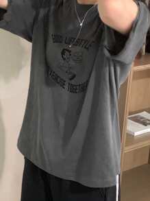 DAZY 女士圆领图案和蕾丝袖口拼接短袖 T 恤，春/夏 - 深灰色 - 查看 5