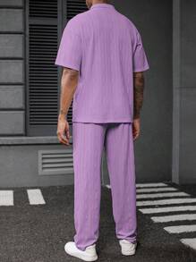 Manfinity Homme Men's Knit Textured Fabric Polo Shirt And Pants Suit Set - Purple - View 6