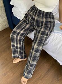 Dazy Plus 大码弹力腰宽松格子睡裤，居家/睡眠舒适，秋冬季穿着 - 藏蓝色 - 查看 5