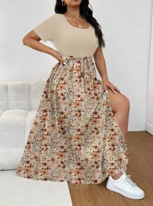 SHEIN Frenchy Vestido estampado floral bohemio de talla grande con mangas cortas y escote cuadrado para un look veraniego elegante