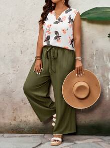 SHEIN VCAY 2pcs/Set Women Plus Size Boho Print Top And Green Pants Set, Fashion New Style For Spring And Summer Going Out Sets, Mother Day Outfit, Vacation Outfits Woman, Rave Outfit, Western Wear Women Plus - Multicolor - View 1