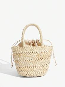 SHEIN ICON Bolsos de asa superior para mujeres, bolso de paja, flores, lazo de perlas, perlas, de moda, elegante, simple, personalizado, versátil, callejero, dulce y fresco para chicas, chicas calientes, Y2K, para playa, vacaciones, festividades, verano, orilla del mar