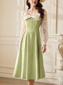 Vintamour 复古优雅女士蕾丝长袖蝴蝶结连衣裙休闲派对连衣裙度假 - 淡綠 - 查看 4