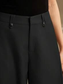 Anewsta 女士春夏褶皱优雅都市裤，宽腿廓形，复古款，朴素 - 黑色 - 查看 5