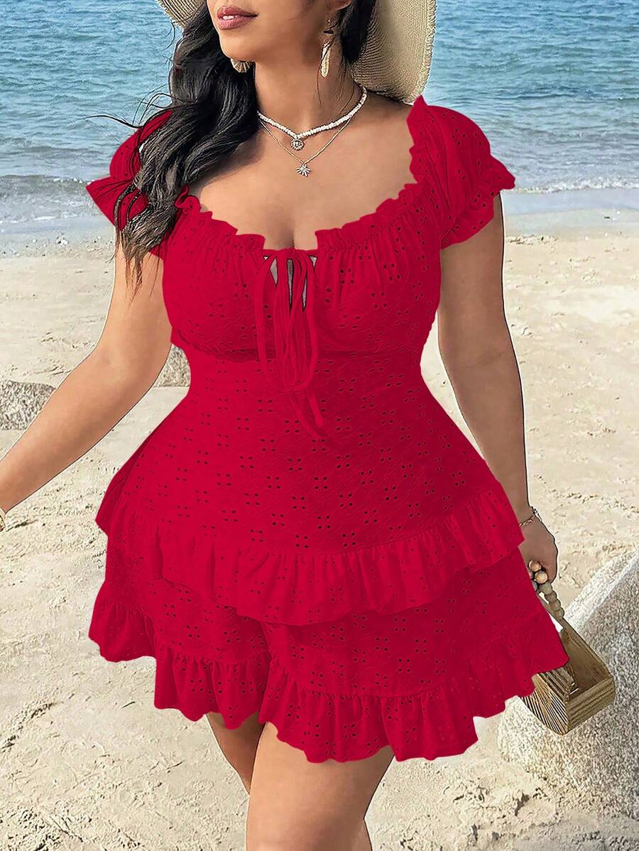 SHEIN SunnyBelle Váy ngắn hở vai màu trơn đơn giản, ôm sát bằng vải jacquard, viền bèo nhún cỡ lớn cho nữ, kỳ nghỉ hè ở bãi biển - Đỏ - Xem 1