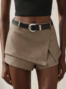 Aveloria Modichic Young College Style Sexy Girl Ins Street Snap 2 In 1 Layered Skort With Belt, Women Super Short Mini Shorts - Khaki - View 6
