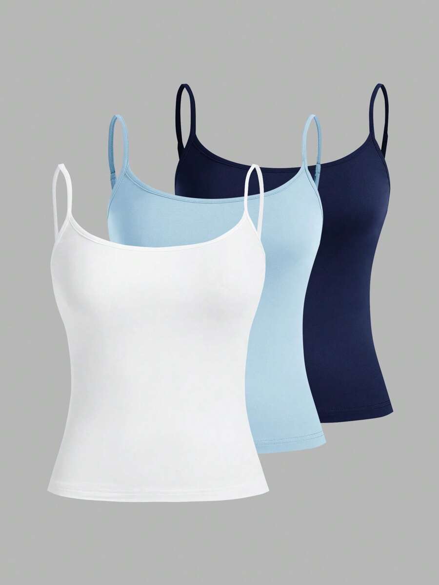 SHEIN EZwear 女士海军蓝、浅蓝和白色短款吊带背心，性感紧身，适合夏季 - 彩色 - 查看 1