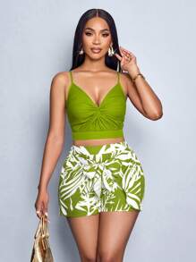 SOLERSUN 女式春夏无袖砖红色花卉印花细肩带扭纹前褶露背上衣和系带前面板短裤两件套梭织西装套装，休闲/度假装 - 綠色 - 查看 1