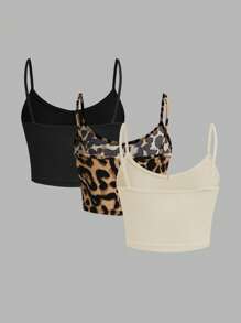 SHEIN EZwear 3 件豹纹女式短款紧身休闲吊带背心，适合夏季 - 彩色 - 查看 2