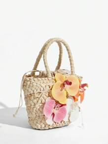 SHEIN ICON Bolsos de asa superior para mujeres, bolso de paja, flores, lazo de perlas, perlas, de moda, elegante, simple, personalizado, versátil, callejero, dulce y fresco para chicas, chicas calientes, Y2K, para playa, vacaciones, festividades, verano, orilla del mar