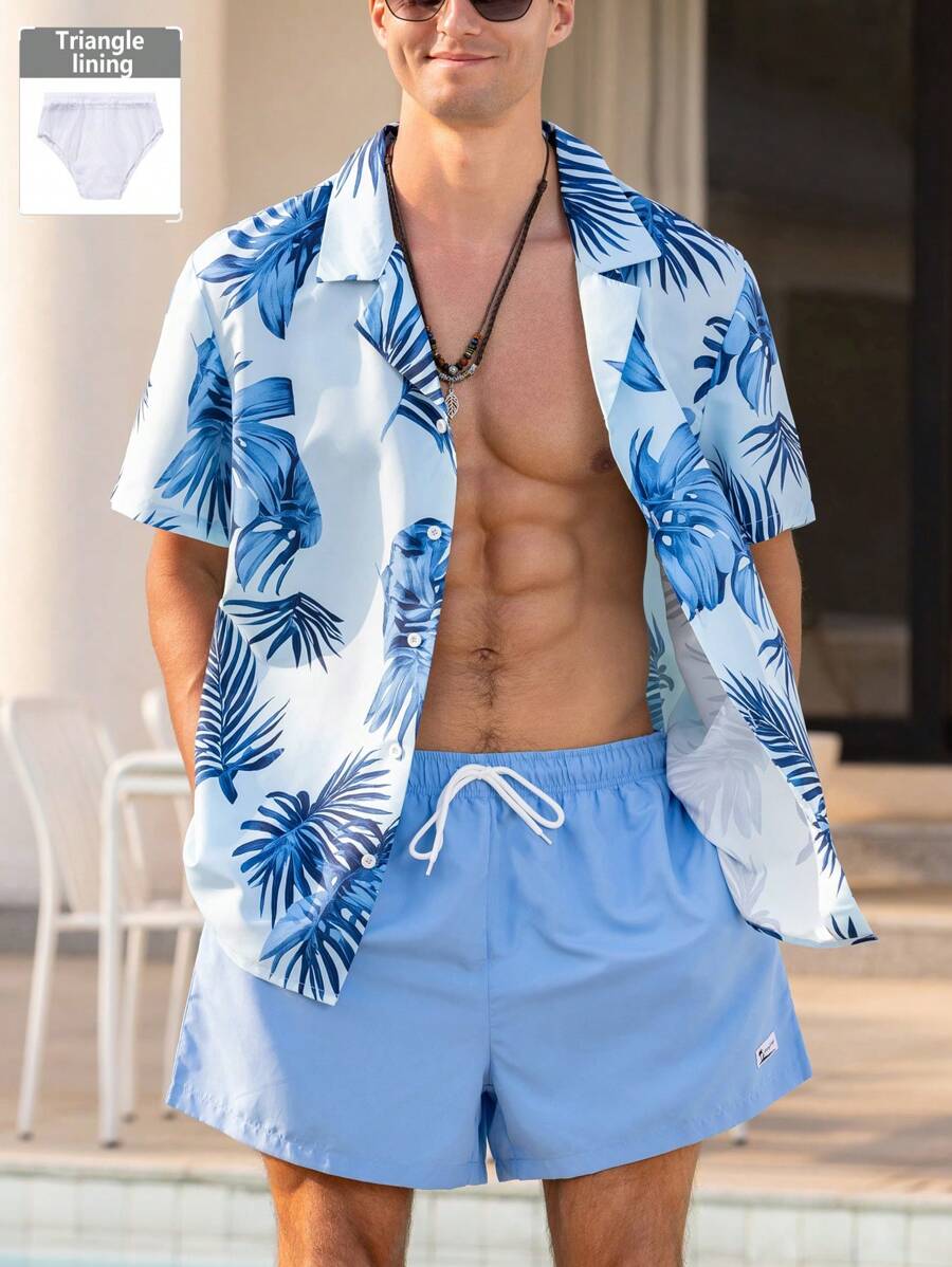 Manfinity Swimmode Plus Size Men's Tropical Print Shirt And Shorts Beach Outfit