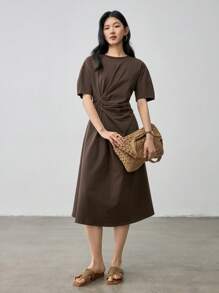 Dazy-Less Casual Business Draped Pleated Design Loose Straight Midi Dress For Women Summer Old Money Style Sundress,Teacher Outfits - Brown - View 9