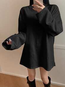 DAZY Áo thun nữ tay dài cổ tròn rộng màu đen trơn, thời trang xuân thu, mùa thu - màu đen - Xem 6