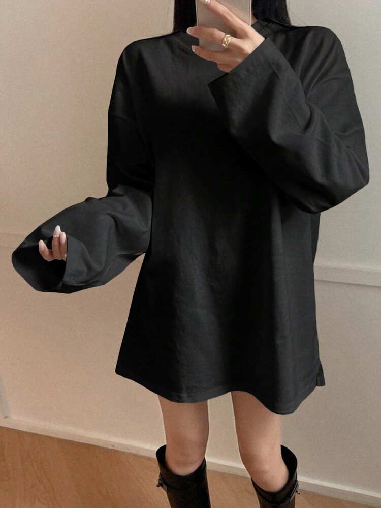 Women's Black Solid Color Loose Round Neck Long Sleeve T-Shirt, Spring & Autumn,Fall Women Clothes