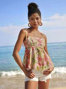 Travachic Women's Boho Tropical Print Woven Fabric Tank Top With Ruffle Hem And Spaghetti Straps - Pink - View 7