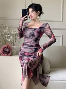 DAZY 女士修身方领植物印花沙滩连衣裙，扎染，高开衩长袖，度假装，秋季碎花长裙 - 中紫紅色 - 查看 8