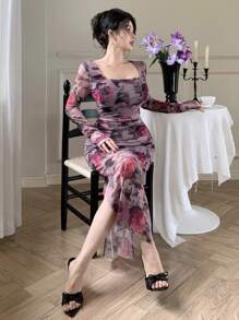 DAZY 女士修身方领植物印花沙滩连衣裙，扎染，高开衩长袖，度假装，秋季碎花长裙 - 中紫紅色 - 查看 9