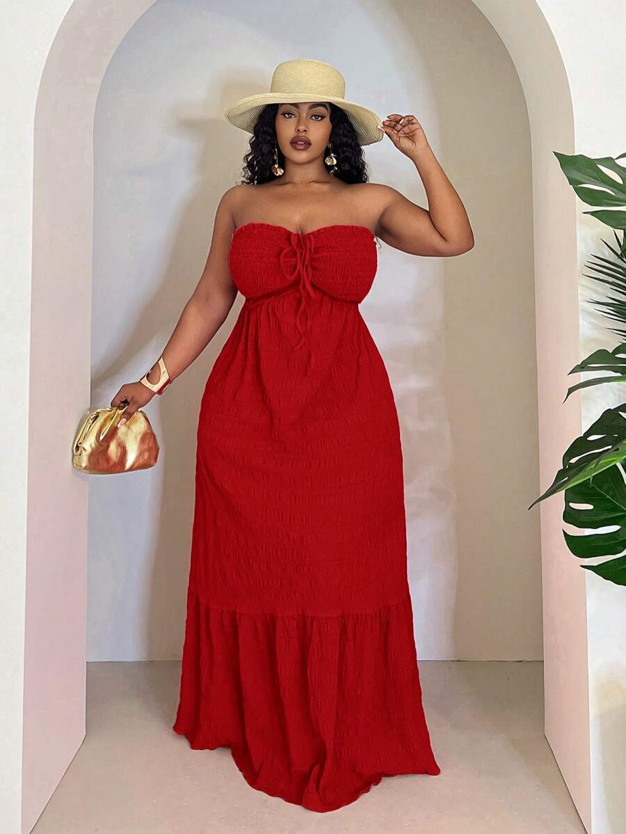 Slaydiva Women Plus Size Halter Neck Fuchsia Vacation Dress - Burgundy - View 1