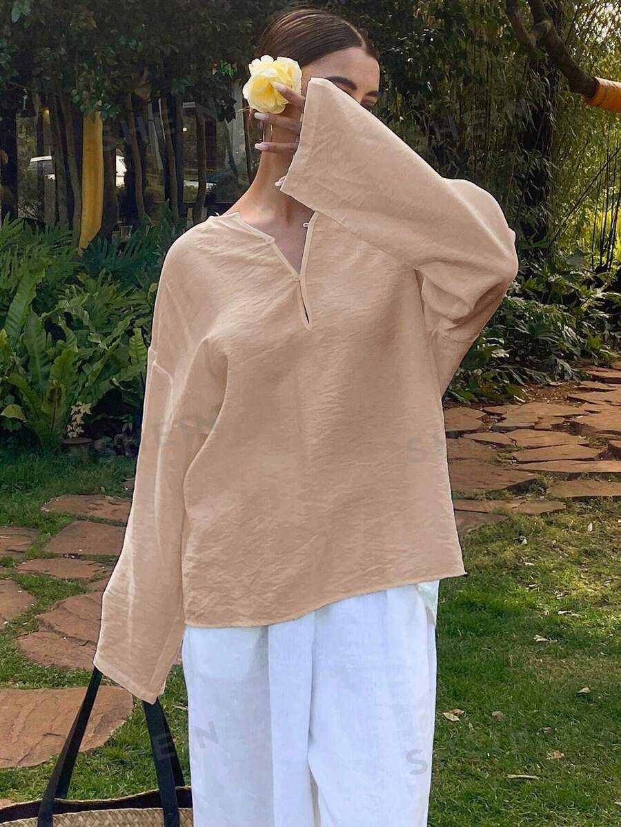 Livesso Blusa suelta de manga larga con cuello redondo de unicolor para vacaciones de verano
