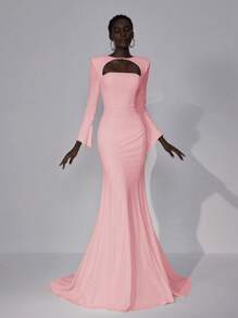 Elitara Elegant Tube Bell Sleeve Sweetheart Backless Rhinestone Embellished Mermaid Wedding Dress, Bride - Pink - View 4