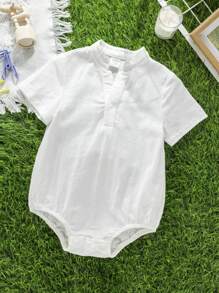 SHEIN Casual Daily Baby Unisex Stand-Up Collar Cardigan Bodysuit, Suitable For Spring And Summer Wear, Indoor And Outdoor