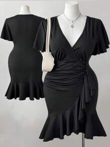 Sunspun Plus Size Women's Spring & Summer V-Neck Ruffle Sleeve Short Dress, Ruched Front Short And Back Asymmetrical Hem Tight Fitting Sexy Cute Elegant Retro Casual Party Dress - Black - View 1