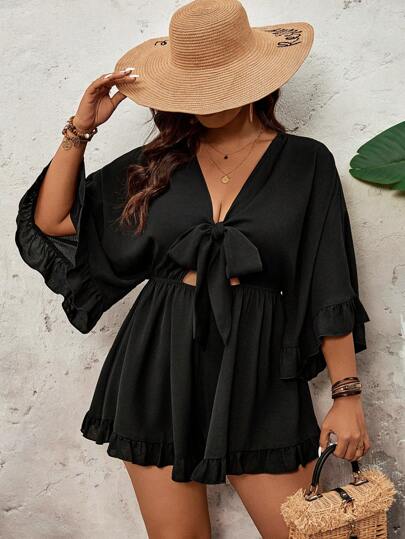 SHEIN VCAY 加大码节日纯色蝙蝠袖、荷叶边下摆、系腰连体裤、母亲节礼物、复活节服装、女士度假服装、女士音乐会服装