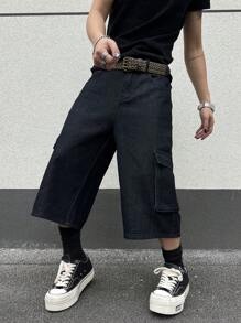 Manfinity EMRG Men's Denim Wide Leg Mid-Thigh Shorts - Dark Grey - View 3