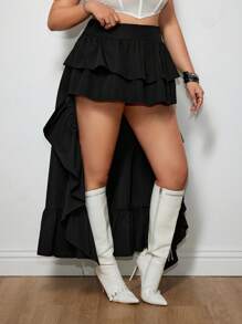 SHEIN ICON Plus Size Black Woven Fabric Tiered Layer Long Skirt: Casual, Ruffled, And Asymmetrical High-Low Design For A Stylish Look - Black - View 4