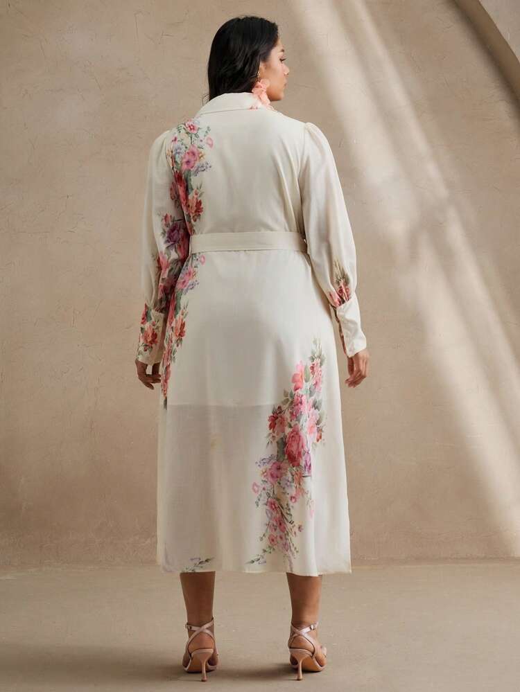 Plus Size Women Lantern Sleeve Floral Print V-Neck Waisted Dress, Suitable For Spring, Summer, Festival, Holiday, Vacation