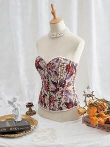 SHEIN MOD Corpiño corto sexy con estampado floral retro, blusas de verano, tops tipo corsé, blusas retro, corsés de verano, blusas para fiestas - Morado - Ver 4