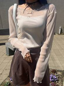 FRIFUL Áo ba lỗ ôm sát viền trái tim xuyên thấu dành cho nữ, tay dài - Màu be - Xem 2