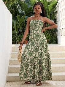 SHEIN Teen Girls' Green Loose A-Line Long Dress With Puff Sleeves, Casual Holiday Traditional Print, Suitable For Beach, Boho, Summer Vacation, Music Festival, Bohemian, Holiday Dates, Afternoon Tea - Green - View 1