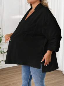 SHEIN CURVE+ 大码女式纯色翻领七分袖宽松休闲衬衫，适合海滩度假、海滩休闲、毕业典礼、下午茶等场合。 - 黑色 - 查看 8