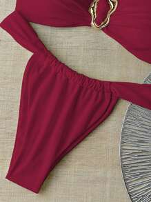 Swim Chiccia Trang phục đi biển mùa hè cho phụ nữ: Áo Bandeau trang trí kim loại và Bikini dây - Đỏ - Xem 4