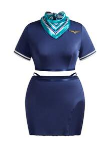 SHEIN طقم ملابس داخلية من 4 قطع بنمط مخطط للنساء ذوات الأحجام الكبيرة، بأكمام قصيرة وبدون سلك - أزرق بحري - مشاهدة 3