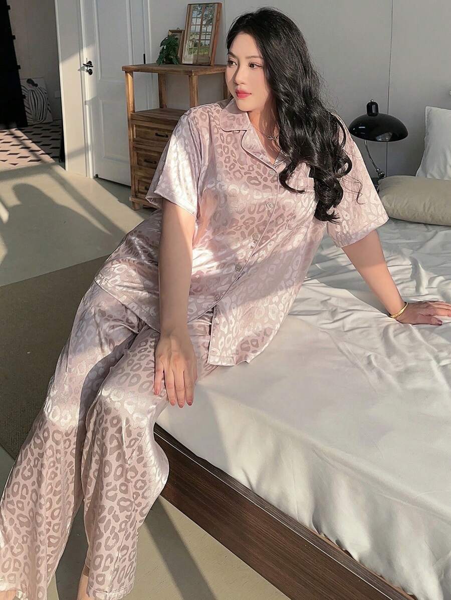 Dazy Plus Leopard Print Lapel Loose Pajama Set - Grey - View 1