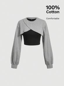 SHEIN MOD Colorblock 2 In 1 Crop Sweatshirt,Long Sleeve Tops In Fall/Winter - Multicolor - View 1