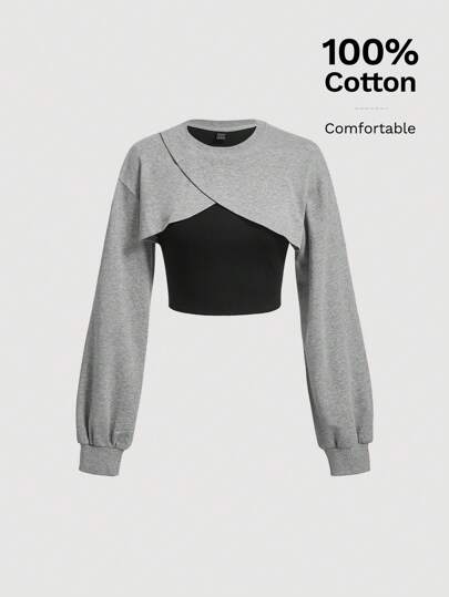 SHEIN MOD Färgblockerande 2-i-1-kort tröja, långärmade toppar för höst/vinter