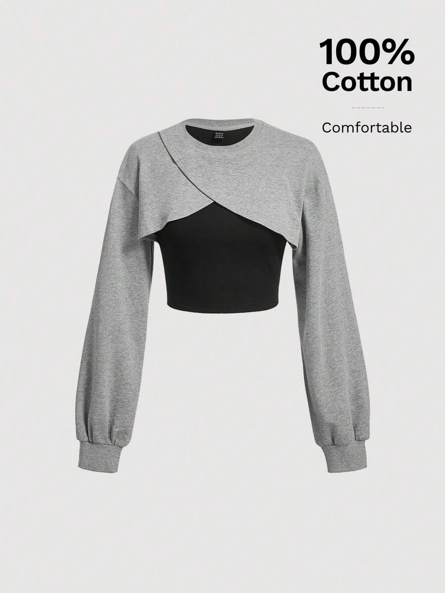 SHEIN MOD Colorblock 2 In 1 Crop Sweatshirt,Long Sleeve Tops In Fall/Winter - Multicolor - View 1