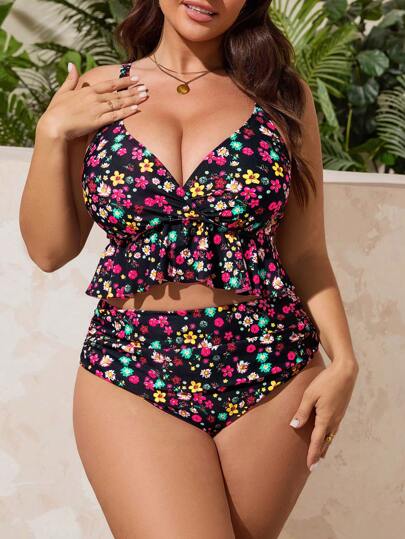Swim Mod Plus Size Women Two Pieces Ditsy Floral Ruched Swimming Suit Set, Beach/Pool Vacation Outfit For Summer